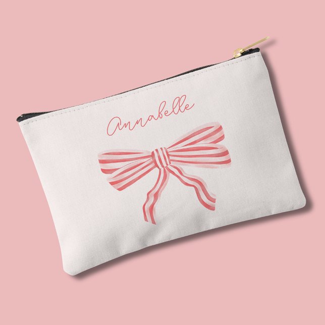 Bolsito Accesorio Pequeño Estética de Coquette Bow rosa con nombre (Coquette Pink bow pouch, personalize with your own name or choice of text.)