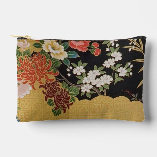 Bolsito Accesorio Pequeño Floral japonesa de kimono de oro y negro oriental (Anverso)