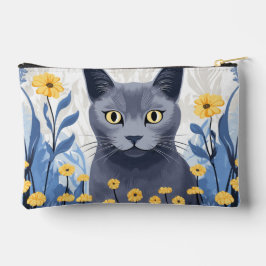 Bolsito Accesorio Pequeño Gato Azul Ruso Flores Amarillas