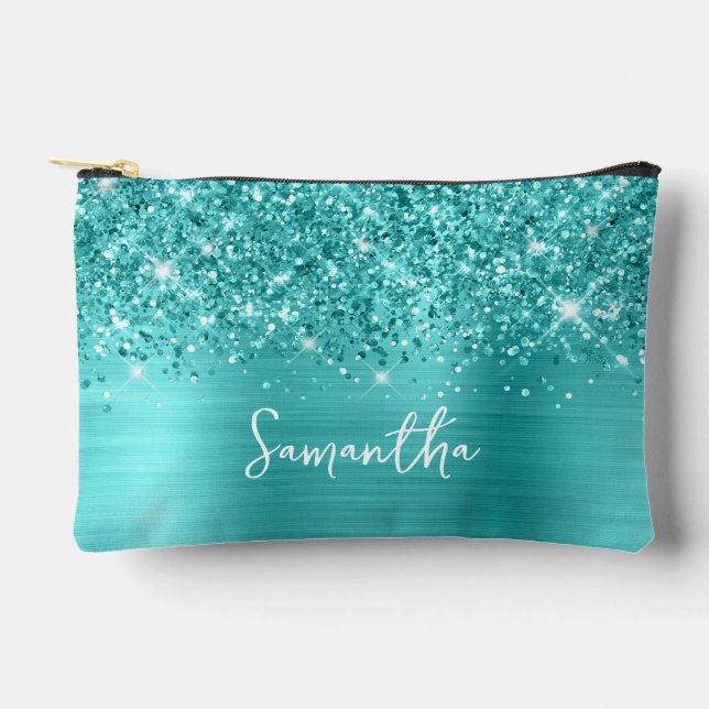 Bolsito Accesorio Pequeño Glittery Turquoise Blue Glam Script Name (Anverso)