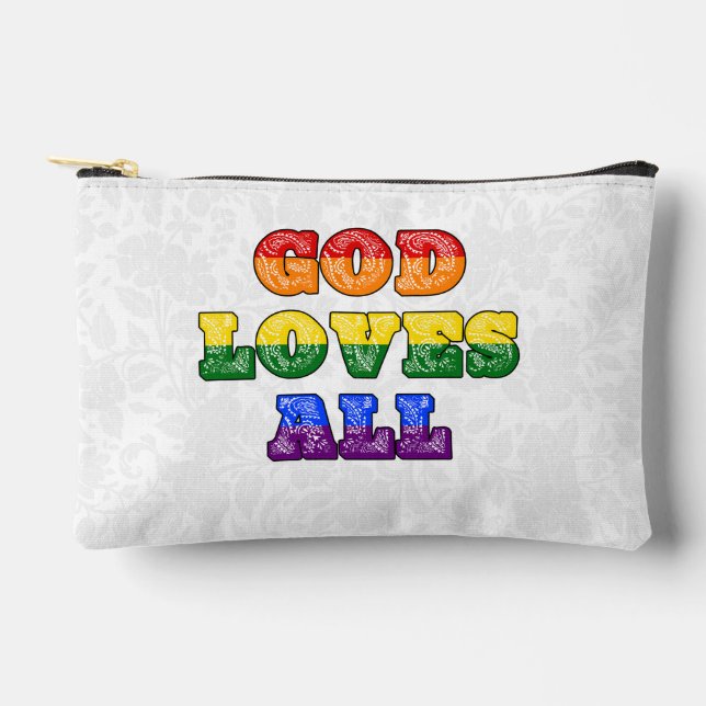 Bolsito Accesorio Pequeño "God Loves All" Gay/LGBTQIA+/Queer Christian Pride (Anverso)