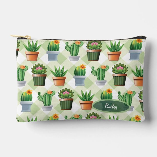 Bolsito Accesorio Pequeño Green Gingham Cactus Pattern (Anverso)