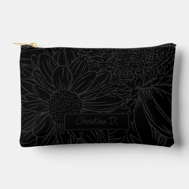 Bolsito Accesorio Pequeño Grey on Black Chrysanthemums with Name (Anverso)