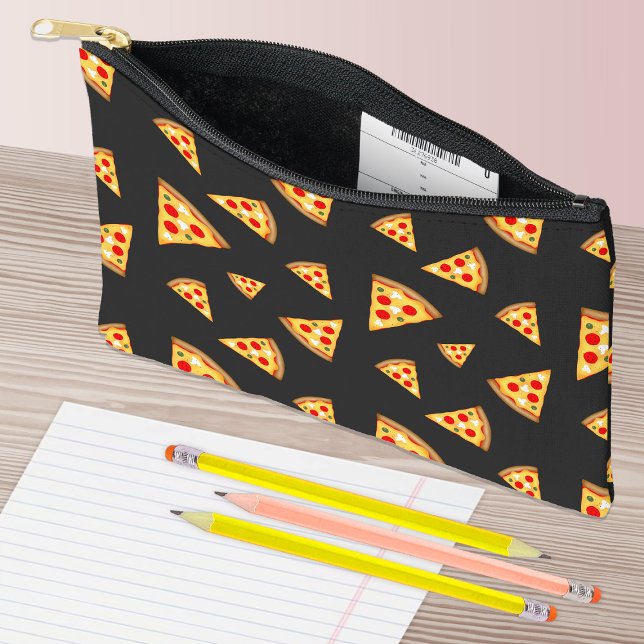 Bolsito Accesorio Pequeño Guay y la diversión de las pizzas patrón gris oscu (Cool and fun pizza slices pattern dark gray accessory pouch with custom background. )