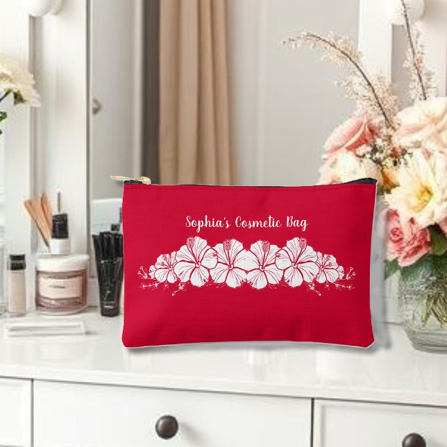 Bolsito Accesorio Pequeño Hibiscus Tropical Hawai Flores Cherry Red (Hawaiian Tropical Flowers, Islander, Beach Summer  Cosmetic bag, Cherry Red)
