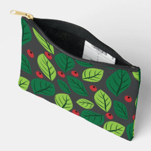 Bolsito Accesorio Pequeño Hojas verdes, bayas rojas, patrón de hojas