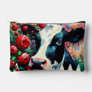 Bolsito Accesorio Pequeño Holstein Cow Picket Fence Red Roses Black Red