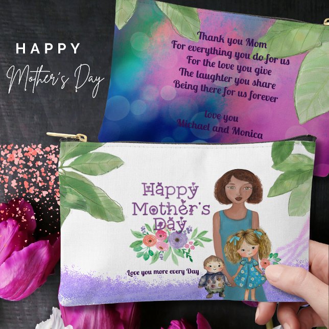 Bolsito Accesorio Pequeño Ilustracion floral de madres y niños pintados (Painted Mother & Kids Floral Illustration Accessory Pouch)