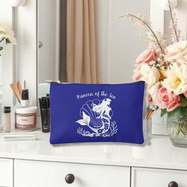 Bolsito Accesorio Pequeño La princesa de sirena hawaiana de azul marino (Hawaiian Mermaid Tropical Flowers Sea Shells Coral, Summer Beach, Fisherman Trend Small Bag Blue)