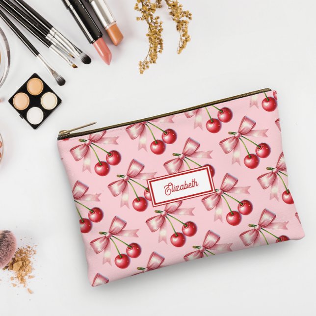 Bolsito Accesorio Pequeño Lazo Rojo Rosa Lindo Personalizado Cereza (Cute Red Pink Bow Cherry Personalized Accessory Pouch)