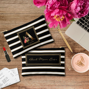 Bolsito Accesorio Pequeño Letra a monograma floral franjas de oro blanco neg
