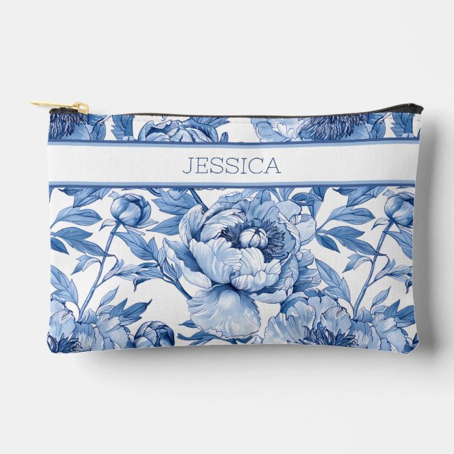 Bolsito Accesorio Pequeño Maquillaje de Viaje Floral Azul Personalizado (Anverso)