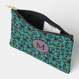 Bolsito Accesorio Pequeño Monograma con patrón floral azul verde lindo