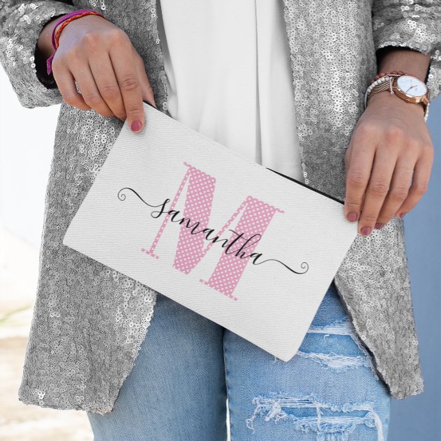 Bolsito Accesorio Pequeño Monograma de puntos de polka blanco y rosa brillan (Girly Light Pink and White Polka Dot Monogram Accessory Pouch)