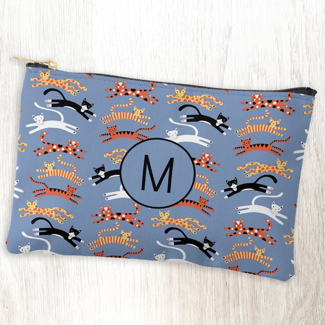 Bolsito Accesorio Pequeño Monograma Gato Kitty Inicial Personalizado (Personalized monogram initial fun kitty cat pattern blue accessory stationery or toiletry bag)