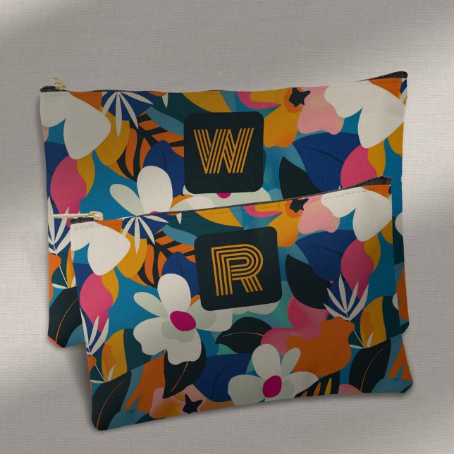 Bolsito Accesorio Pequeño Monograma retro 70 Patrón floral boho moderno (Retro Floral 70s Style Colorful Boho FLowers Pounch for WOmen.)