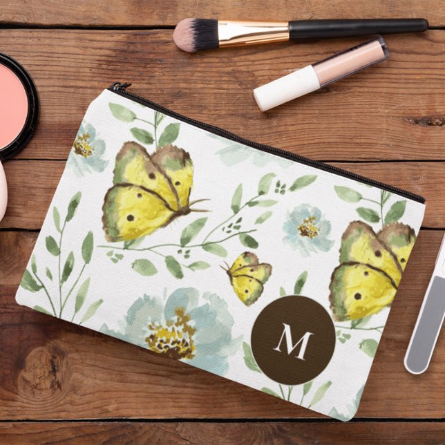 Bolsito Accesorio Pequeño Monogramada Acuarela amarilla Mariposa floral (monogrammed butterfly floral pattern cosmetic pouch.)