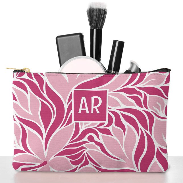 Bolsito Accesorio Pequeño Monogramado de patrón floral moderno blanco rosado (Cool Pink White Modern Floral Pattern Monogrammed Accessory Pouch)
