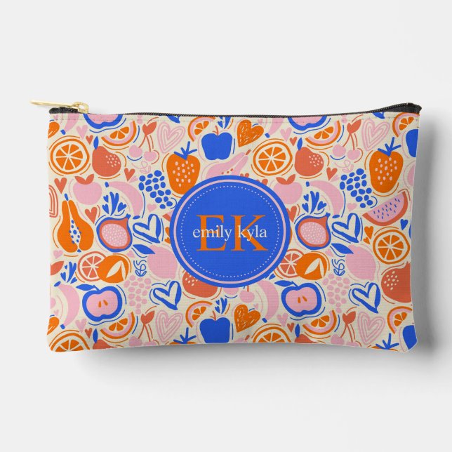 Bolsito Accesorio Pequeño Naranja Azul Monograma Frutas Verduras (Anverso)