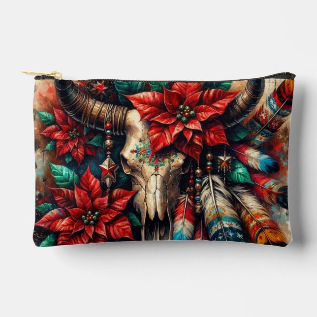 Bolsito Accesorio Pequeño Navidades Cow Bull Skull Poinsettias Feathers (Anverso)