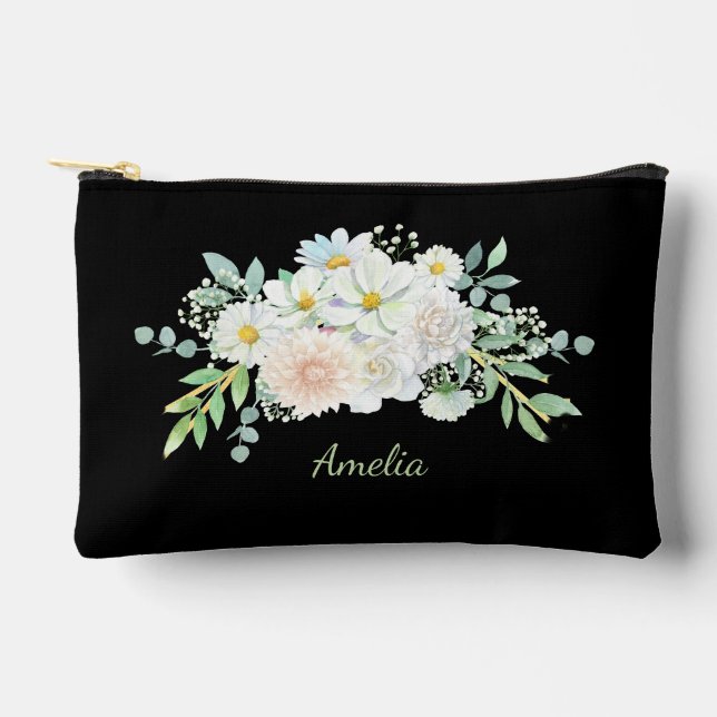 Bolsito Accesorio Pequeño Negro Elegante Y Aburrido Con Flores (Anverso)