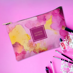Bolsito Accesorio Pequeño Nombre personalizado de mármol rosa y amarillo