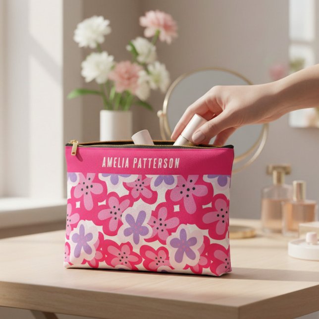 Bolsito Accesorio Pequeño Nombre personalizado moderno de flor rosada tropic (Subido por el creador)