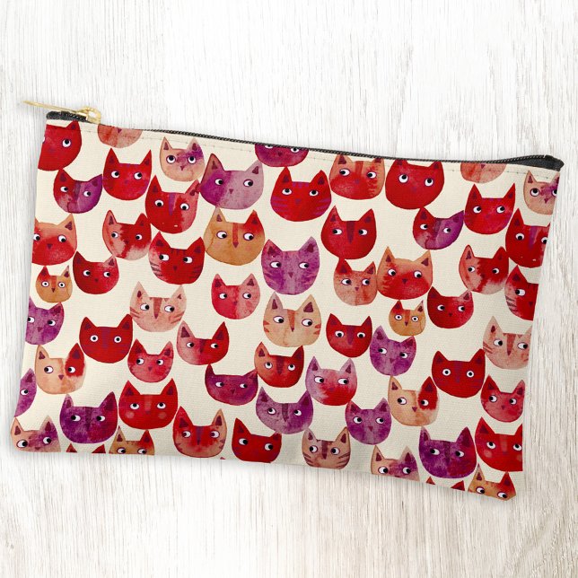 Bolsito Accesorio Pequeño Patrón de gato de color de agua divertida (Cute kitty cat orange red pink purple watercolor pattern accessory pouch)