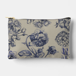 Bolsito Accesorio Pequeño Patrón Floral Botánico Toile Azul Vintage Antiguo