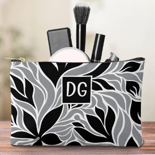 Bolsito Accesorio Pequeño Patrón Floral Moderno Monograma Negro Gris Blanco
