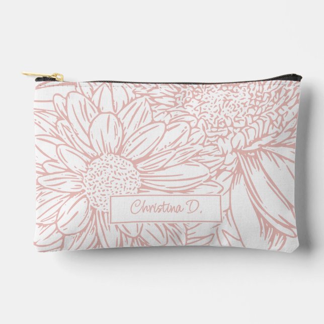 Bolsito Accesorio Pequeño Peachy Pink on White Chrysanthemums with Name (Anverso)