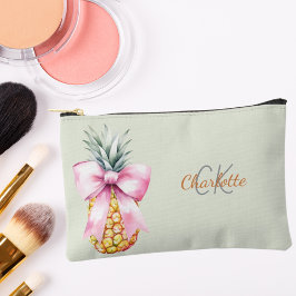 Bolsito Accesorio Pequeño Piña con lazo rosa monograma tropical verde salvia