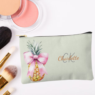 Bolsito Accesorio Pequeño Piña con lazo rosa monograma tropical verde salvia