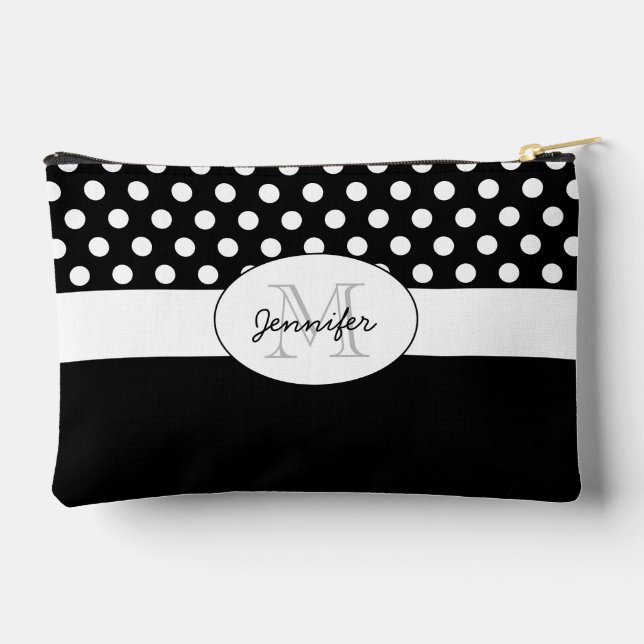 Bolsito Accesorio Pequeño Polka blanco negro con patrón retro Monograma (Reverso )
