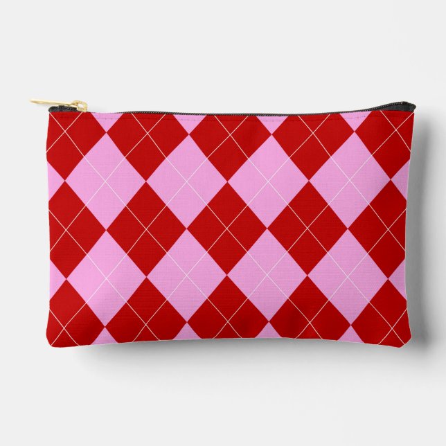 Bolsito Accesorio Pequeño Preppy Argyle Tartán Diamond Plantado Rojo Rosa (Anverso)