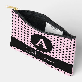 Bolsito Accesorio Pequeño Puntos de polka rosados y negros monogramados