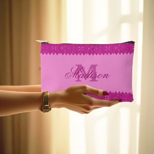 Bolsito Accesorio Pequeño Purpurina de color rosado, zigzag, monograma, pers