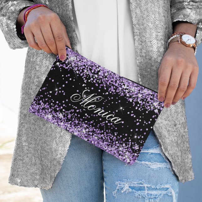 Bolsito Accesorio Pequeño Purpurina morado claro negro (Light Purple Glitter Black Accessory Pouch)