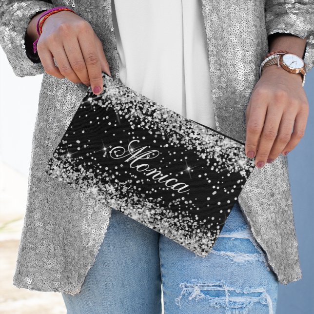 Bolsito Accesorio Pequeño Purpurina plateado negro (Silver Glitter Black Accessory Pouch)