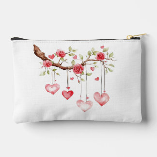 Bolsito Accesorio Pequeño Rama de rosas rosadas en acuarela con corazones co