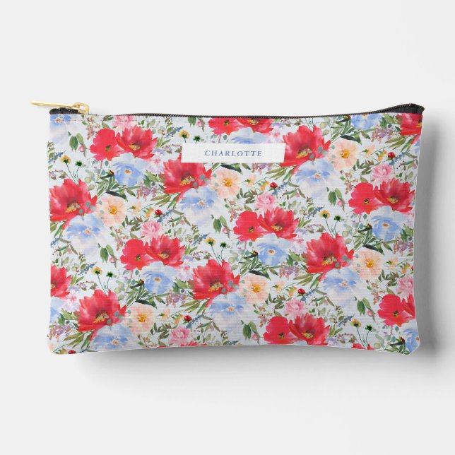 Bolsito Accesorio Pequeño Red Blue Watercolor Florals  (Anverso)