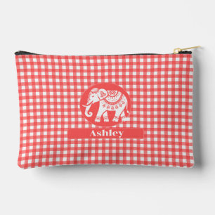 Bolsito Accesorio Pequeño Red Gingham Plaid con nombre y elefante blanco