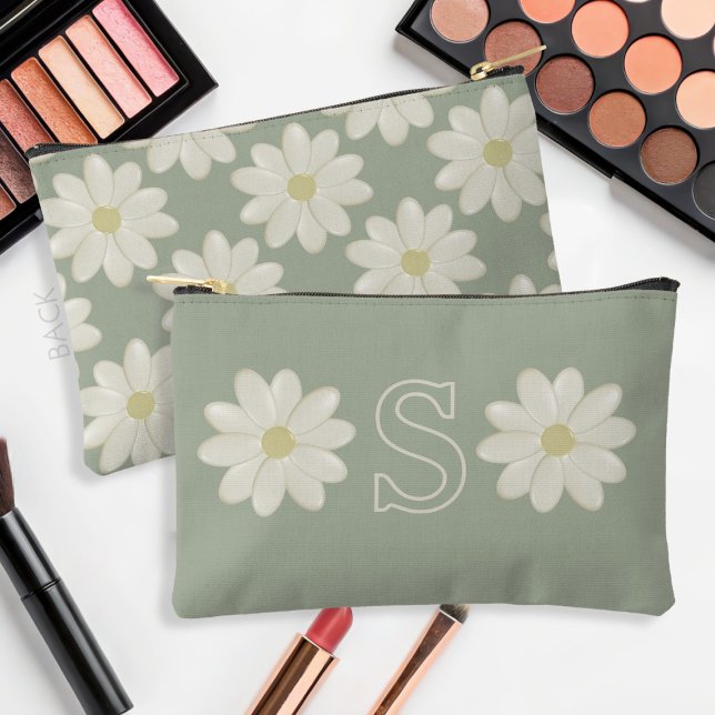 Bolsito Accesorio Pequeño Sage Green Daisy Monogramed Accesory Pouch (Sage Green Daisy makeup bag with space for your initial )