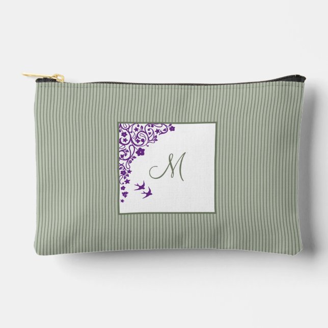 Bolsito Accesorio Pequeño Sage Green Stripe Purple Floral Script Monograma (Anverso)