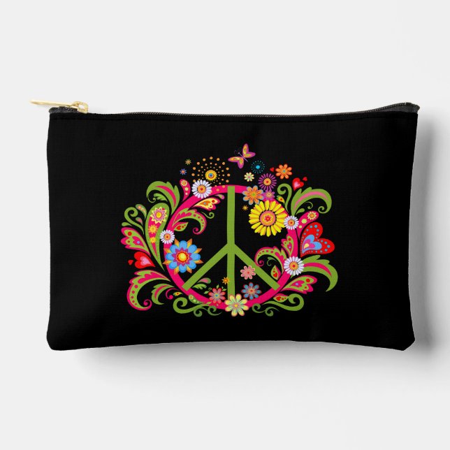 Bolsito Accesorio Pequeño Signo de paz floral en negro (Anverso)
