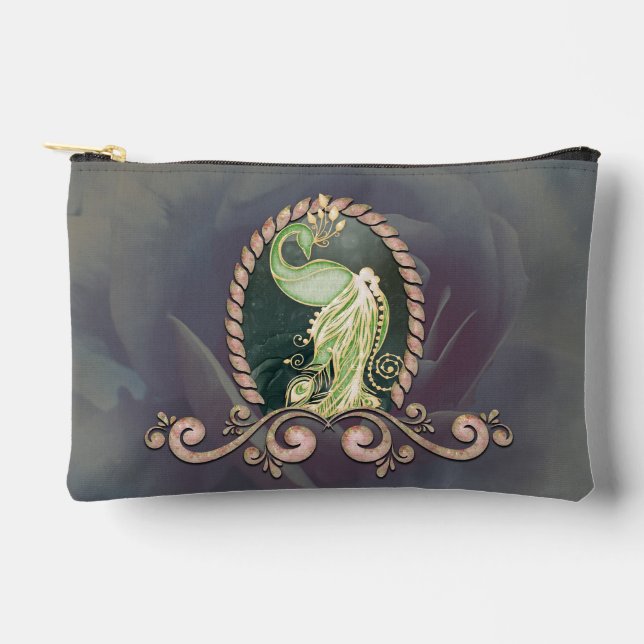 Bolsito Accesorio Pequeño Un pavo real majestuoso en oro y verde (Anverso)