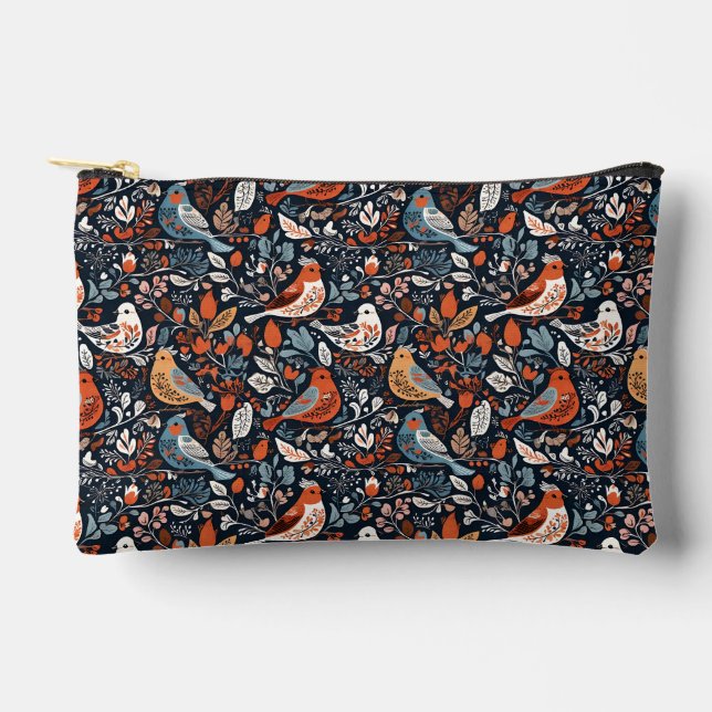 Bolsito Accesorio Pequeño Vibrante Floral y Aves Patrón Nórdico (Anverso)