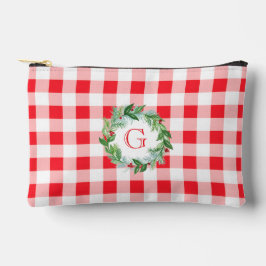 Bolsito Accesorio Pequeño Watercolor Pine Wreath MONOGRAM Red Check