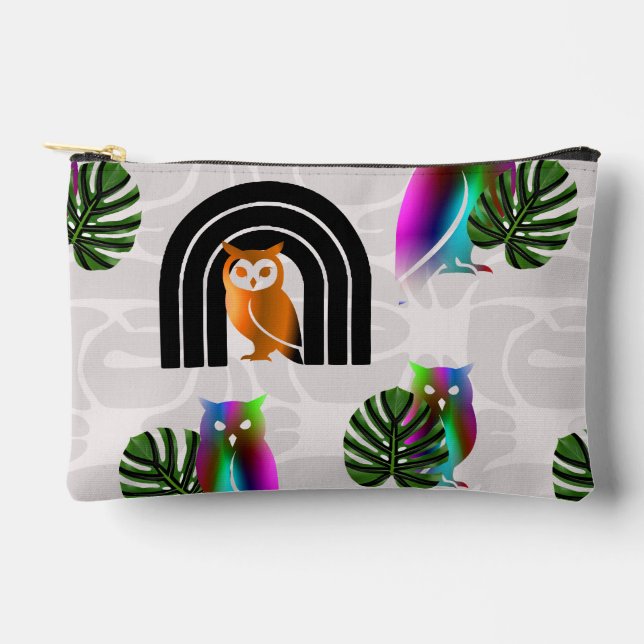 Bolsito Accesorio Pequeño Whimsical Boho Owl & Tropical Monstera Leaf (Anverso)