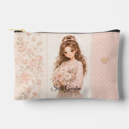 Bolso cosmético floral de seda rosada editable